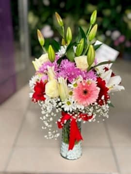 Cam Vazoda Aranjman Renkli Lilyum & Gerbera