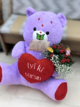 Mor Peluş Ayıcık & 10adet gül